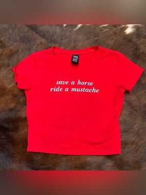 Red Graphic Tee with 'save a horse ride a mustache'